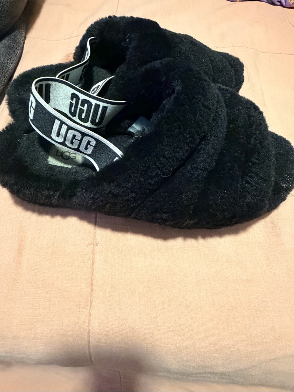 UGG Black Fuzzy Slide Slippers with Branded Heel Strap